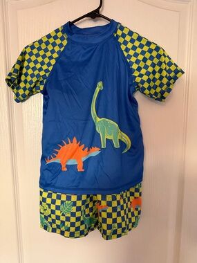 Blue & Yellow Check Dino Rash Guard Set